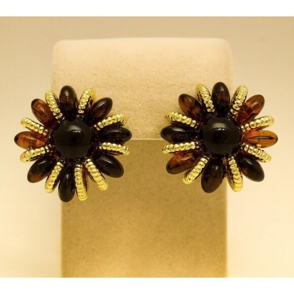 Vintage Womens Chunky Amber Floral Amber Gold Tone Clip On Earrings Retro Chic - Picture 1 of 4